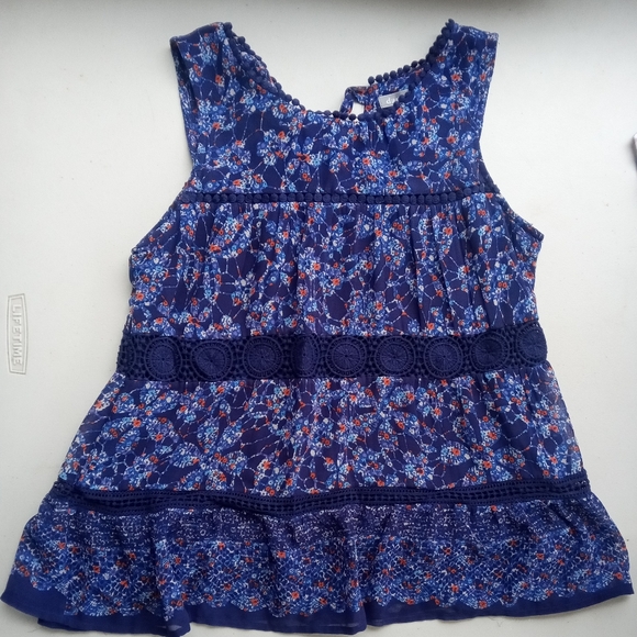 Daniel Rainn Tops - Daniel Rainn Blue Floral Boho Tank Top Sleeveless Blouse Crochet Lace Trim